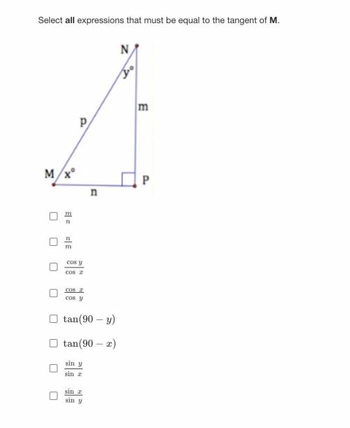 Select all expressions that must be equal to the tangent of M.