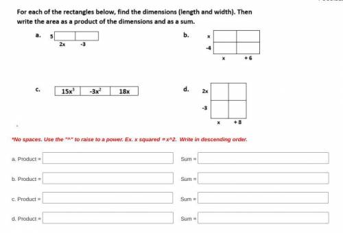 For each of the rectangles, find the product and sum