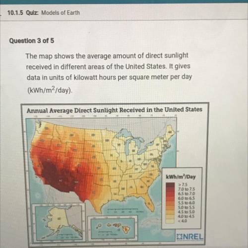 Which two states are almost entirely within areas that get less than 4.0

kWh/m2/day of sunlight?