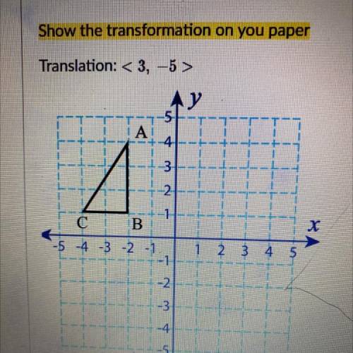 Show the transformation on you paper

Translation: < 3, -5 >
AY
5
A
WA
A
2
B
х
-5 -4 -3 -2 -