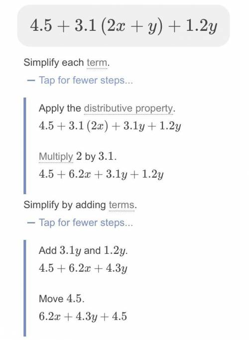 Simplify 4.5+ 3.1(2x + y) + 1.2y.