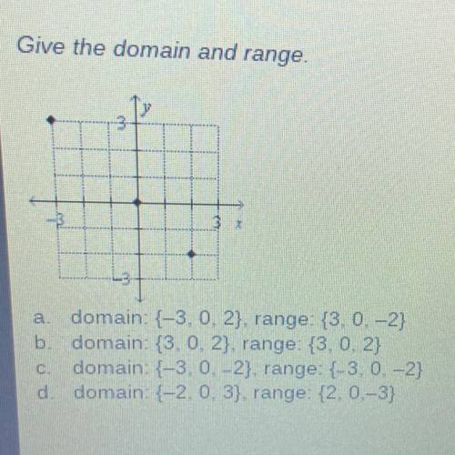 Give the domain and range.

3
a domain: 2-3, 0, 2), range: 3.0, -2}
b. domain: {3, 0, 2), range: {