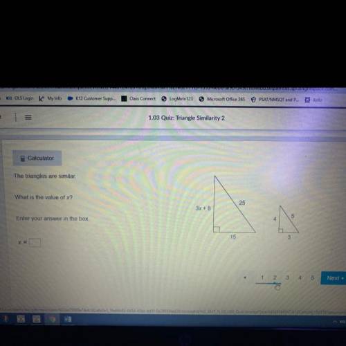 The triangles are similar

What is the value of x?
25
3x + 8
Enter your answer in the box
A
15