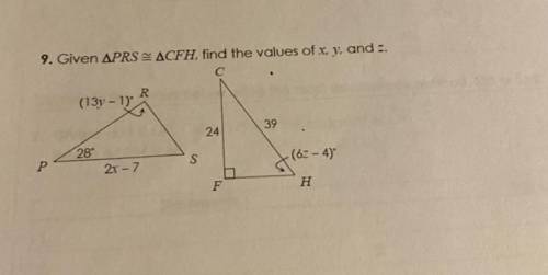 9. Given APRS ACFH￼, find the values of x,y and z