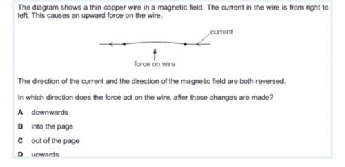 the diagram shows a thin copper wire in a magnetic field. the current in the wire is from right to