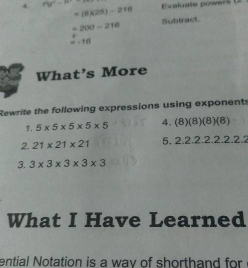 Rewrite the following expressions using exponents.

1.5×5×5×5×52.21×21×213.3×3×3×3×34.(8)(8)(8)(8)