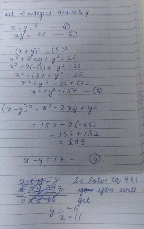 Integers whose sum is 5 and product is -66