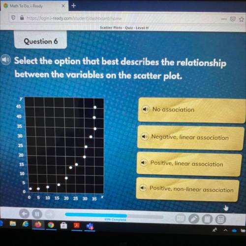 Question 6

Select the option that best describes the relationship
between the variables on the sc