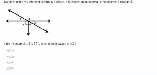 Two lines and a ray intersect to form five angles. The angles are numbered in the diagram 1 through