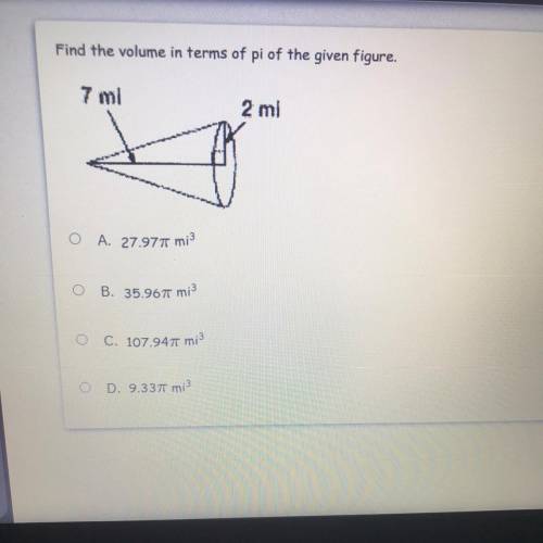 Find the volume in terms of pi of the given figure! 
I need help ASAP