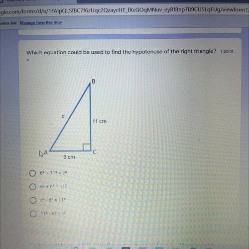 Which equation could be used to find the hypotenuse of the right triangle? Please help. Thank you!