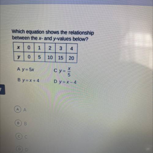 Which equation shows the relationship
between the x- and y-values below? Help pls I am in a test