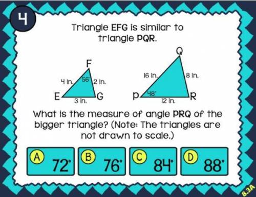 What is the measure of angle PRQ of the bigger triangle? (Note: The triangles are not drawn to scal