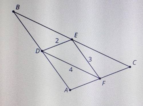 Triangle DEF is formed by connecting the midpoints of

the sides of triangle ABC. What is the peri