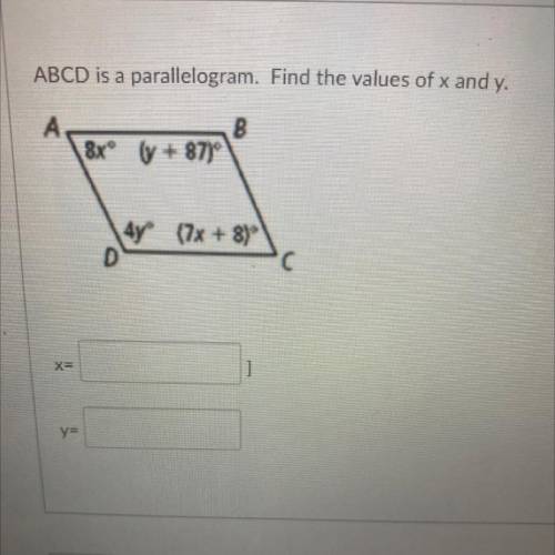 ABCD is parallelogram.Find the values of x and y