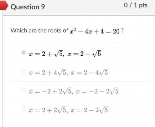 Which are the roots of LaTeX: x^{2} - 4x + 4 = 20 x2−4x+4=20 ?
URGENT!