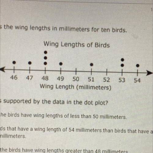 The dot plot shows the wing lengths in millimeters for ten birds

¿Witch statement is supported by