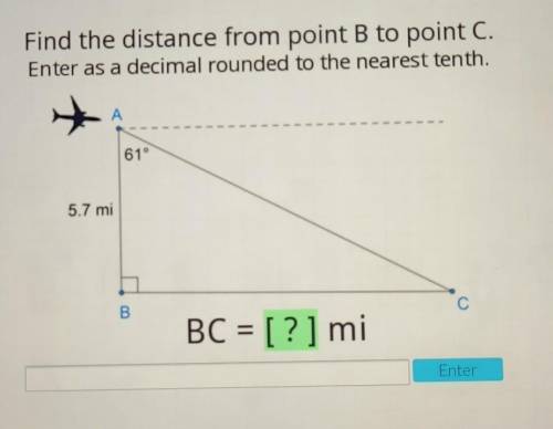 Hello! Please help :((

Find the distance from point B to point C. Enter as a decimal rounded to t