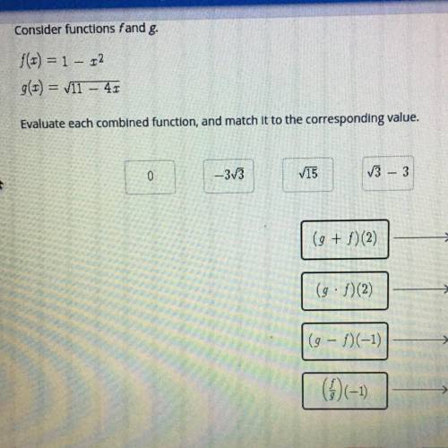 Consider functions fand g.

f(1) = 1 - 12
g(t) = v11 – 41
Evaluate each combined function, and mat