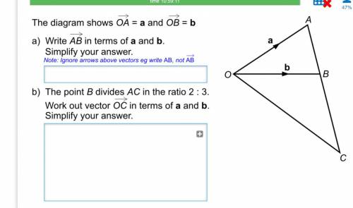 The diagram shows OA = a and OB = b

A) Write AB in terms of a and b. 
B) The point B divides AC i