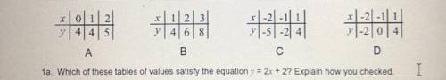 Which of these tables of values satisfy the equation y = 2 x+ 2? Explain how you checked.