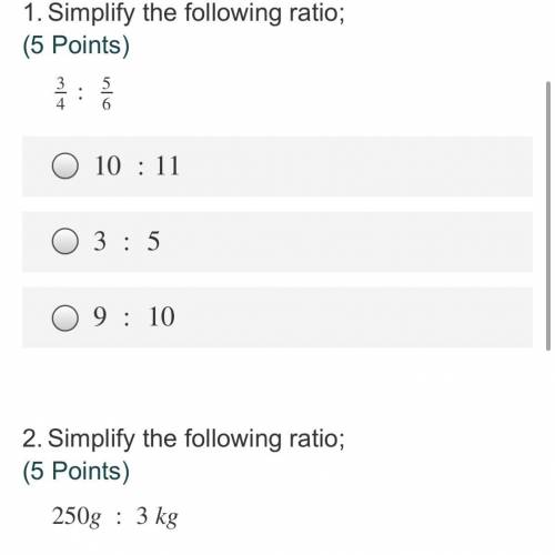 QUESTION 1 
Question 2 options: 3:8, 1:12 or 5:13
NEED ASAP