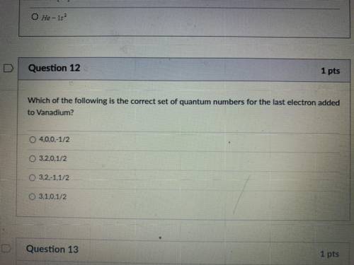 What is the correct set of quantum numbers for the last electron added to vanadium
