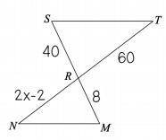 Given that the triangles are similar, find the value of x. Find the length of NR.
