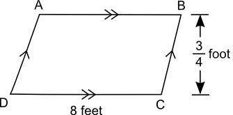 A parallelogram is shown below: A parallelogram ABCD is shown with DC equal to 8 feet and the perpe