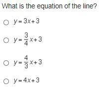 What is the equation of the line?

y = 3 x + 3
y = three-fourths x + 3
y = four-thirds x + 3
y = 4