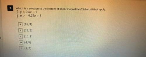 Which is a solution to the system of linear inequalities ? Select all that apply .