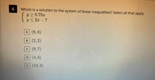 Which is a solution to the system of linear inequalities ?