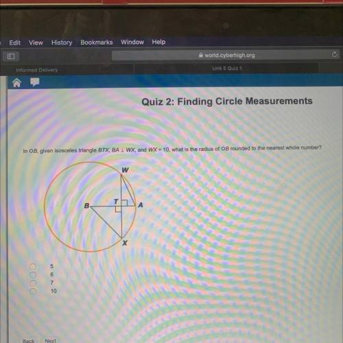 In OB, given isosceles triangle BTX, BA 1 WX, and WX = 10, what is the radius of OB rounded to the