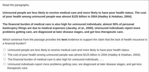 Read the paragraphs.

Uninsured people are less likely to receive medical care and more likely to