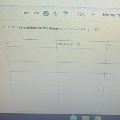 Find five solutions for the linear equation 2/4 X + Y =22. Help!!