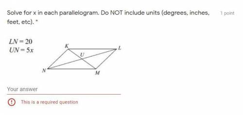 Solve for x in each parallelogram. Do NOT include units (degrees, inches, feet, etc).