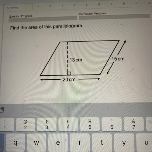 Find the area of this parallelogram.
13 cm
15cm
A
20cm