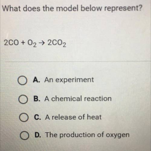 What does the model below represent?

2CO + O2 → 2C02
A. An experiment
B. A chemical reaction
C. A