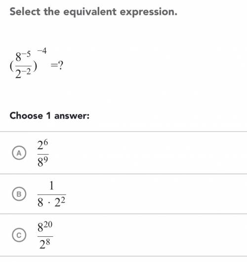 Select the equivalent expression . ( 8^ -5 2^ -2 )^ -4 =?