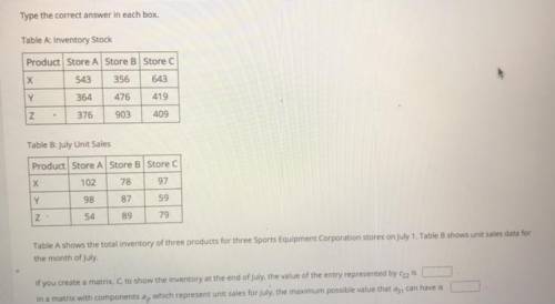 Type the correct answer in each box.

Table A: Inventory Stock
Product Store A Store B Store C
Х
5