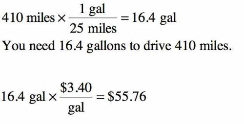 If your car gets 25 miles per gallon, how much does it cost to drive 410 miles when gasoline costs $