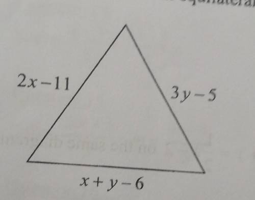 The figure shows an equilateral triangle.

2x-113y - 5xty-6(a) Write down two equations involving