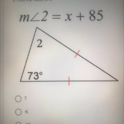 Find the value of x.
m2 = x + 85
2
73°