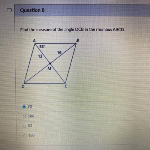 Find the measure of the angle DCB in the rhombus ABCD.