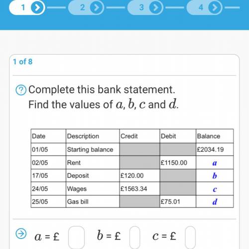 Complete this bank statement.
Find the values of a,b,c and d