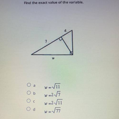 Helpp. Find the exact value of the variable w.