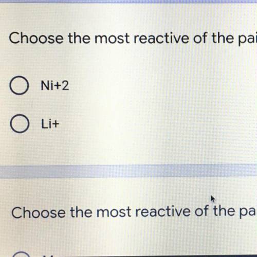 Choose the most reactive of the pair.
A. Ni+2
B. Li+