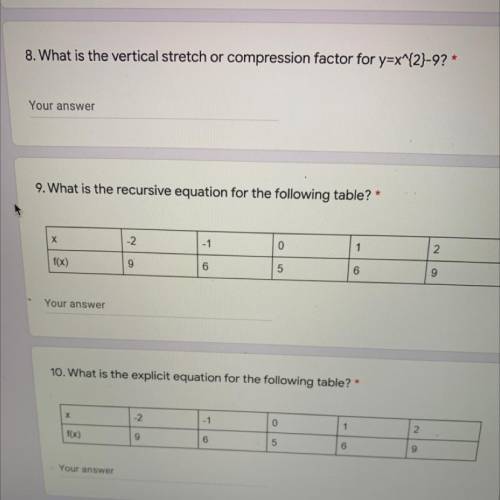 8. What is the vertical stretch or compression factor for y=x^{2}-9?*
Your answer
ÿ