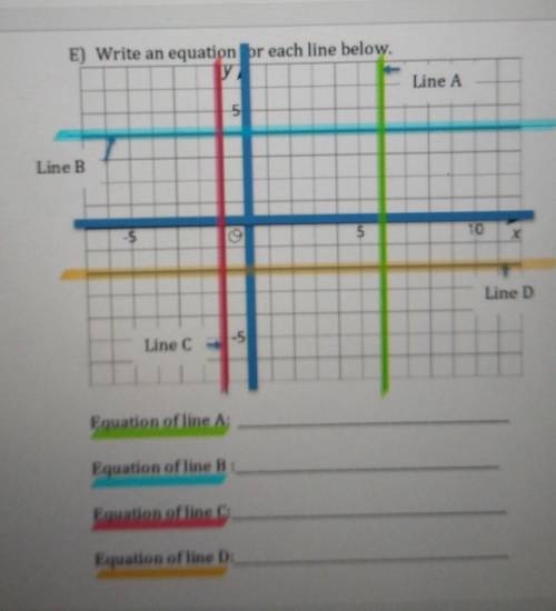 E) Write an equation br each line below. Line A 5 Line B NO -5 5 10 х Line D Line C -5 Equation of