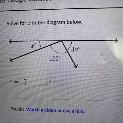 Solve for x in the diagram below.
x 3xº 100°